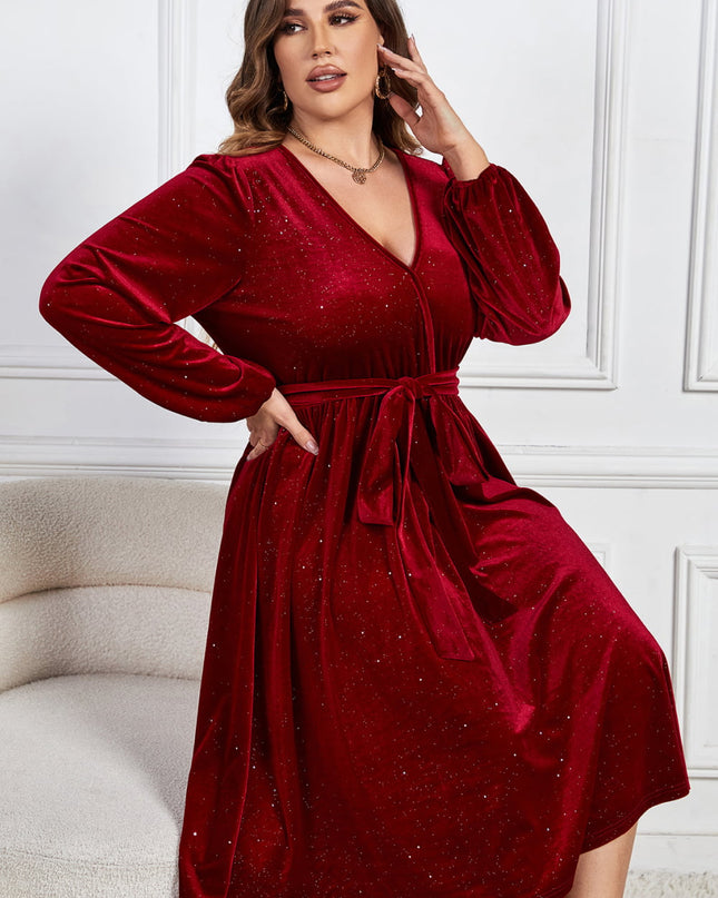 Melo Apparel Plus Size Surplice Neck Balloon Sleeve Tie Belt Midi Dress