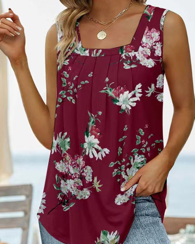 Printed Square Neck Curved Hem Tank