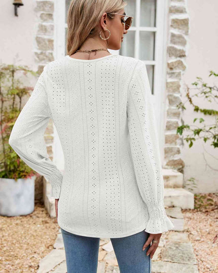 Eyelet Flounce Sleeve V-Neck Blouse