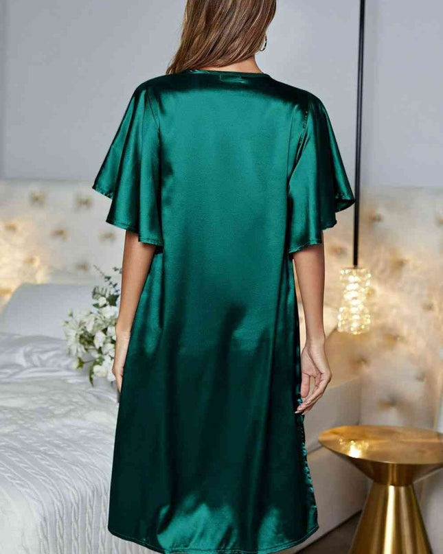 Satin Flutter Sleeve Side Slit V-Neck Night Dress