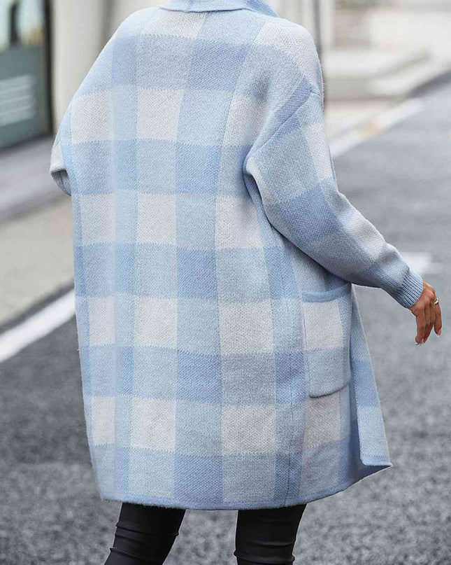 Plaid Dropped Shoulder Cardigan with Pocket