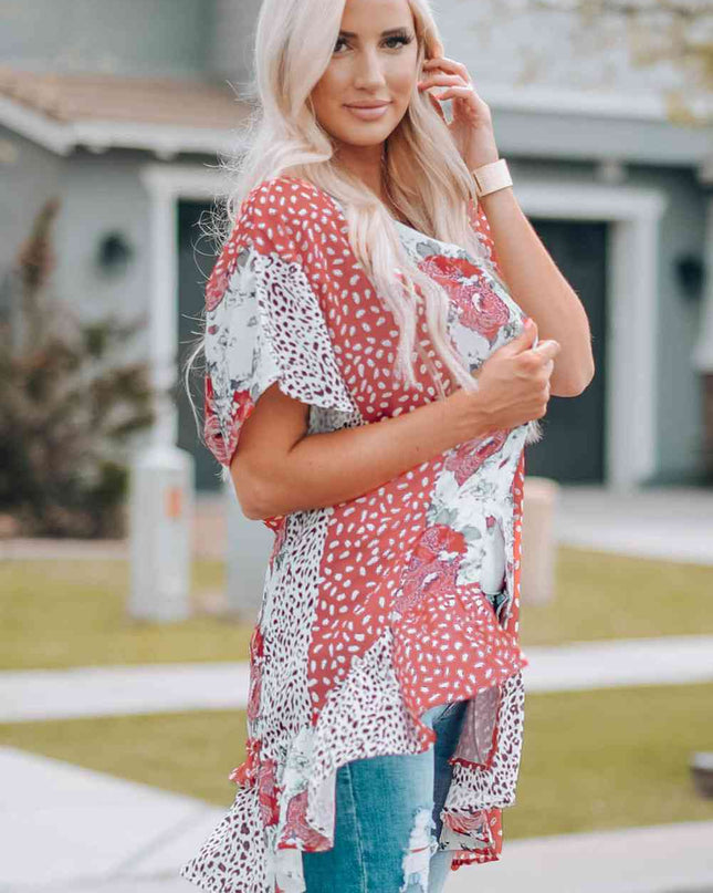 Mixed Print Ruffle Hem Kimono