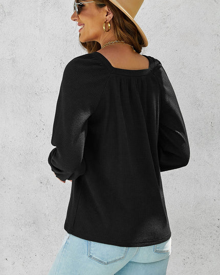 Waffle-Knit Long Raglan Sleeve Top