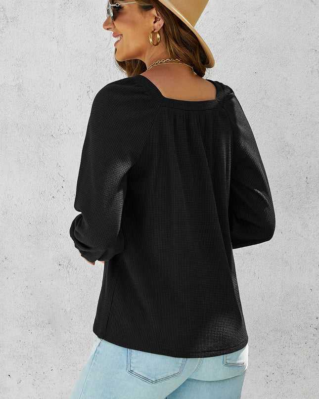 Waffle-Knit Long Raglan Sleeve Top