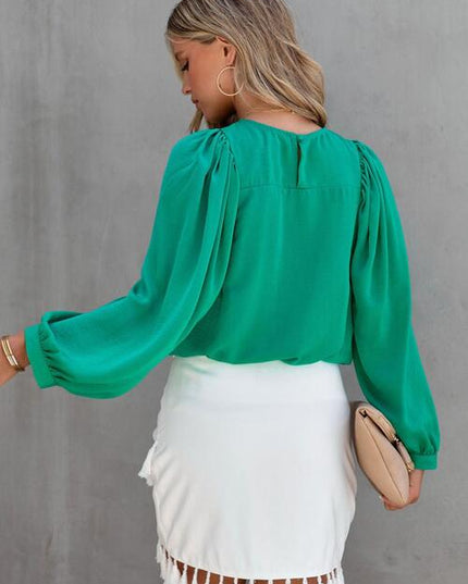 Round Neck Ruff Sleeve Blouse