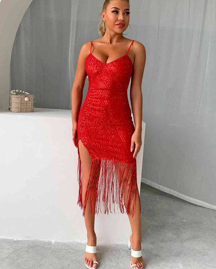 Sequin Fringe Spaghetti Strap Dress