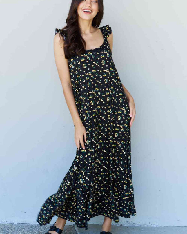 Doublju In The Garden Ruffle Floral Maxi Dress in  Black Yellow Floral