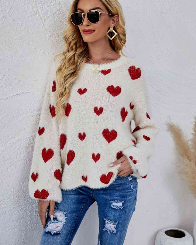 Woven Right Heart Print Fuzzy Crewneck Long Sleeve Sweater