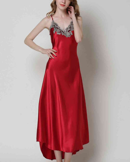 Full Size Lace Trim V-Neck Spaghetti Strap Satin Night Dress