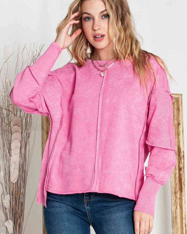 Full Size Exposed Seams Round Neck Dropped Shoulder Sweatshirt