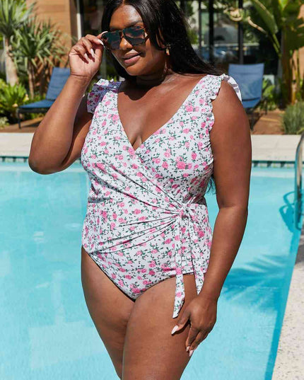 Marina West Swim Full Size Float On Ruffle Faux Wrap One-Piece in Roses Off-White