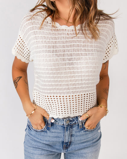 Scalloped Trim Openwork Knit Cropped Top