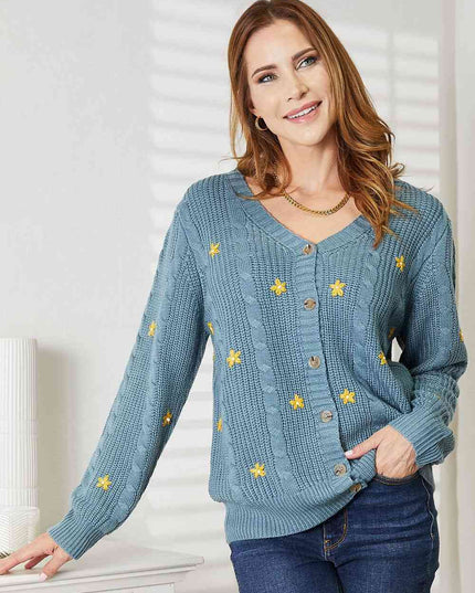HEYSON Full Size Floral Embroidered Cable Cardigan