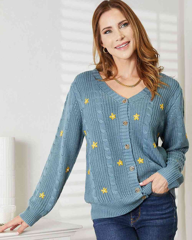 HEYSON Full Size Floral Embroidered Cable Cardigan