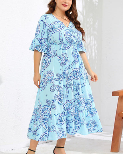 Full Size V-Neck Flounce Sleeve Midi Dress