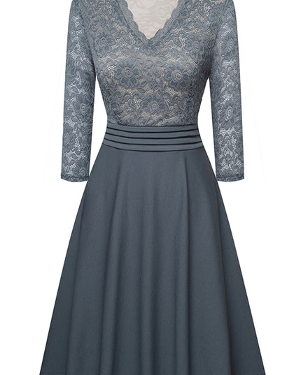 V-Neck Lace Detail Knee-Length Dress