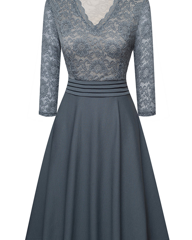 V-Neck Lace Detail Knee-Length Dress