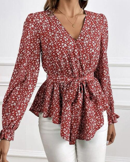 Printed V-Neck Tie Front Flounce Sleeve Blouse