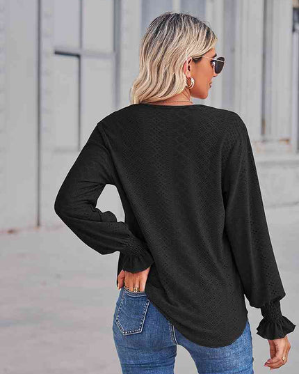 V-Neck Eyelet Flounce Sleeve Blouse