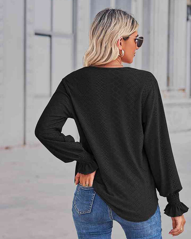 V-Neck Eyelet Flounce Sleeve Blouse