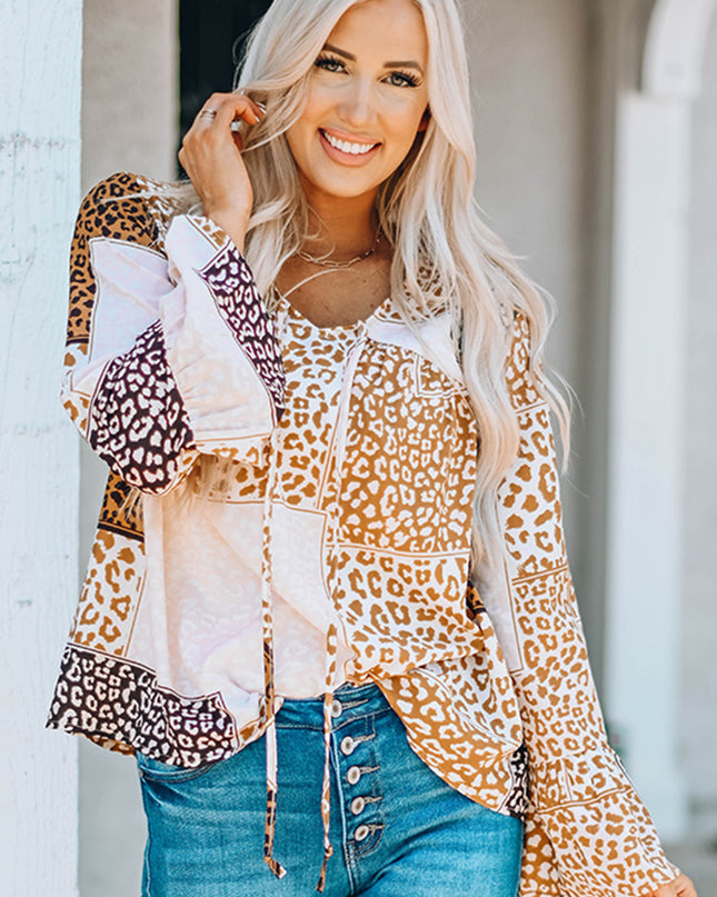 Leopard Patchwork Tied Flare Sleeve Blouse