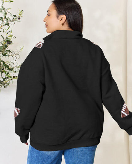 Double Take Full Size Sequin Football Half Zip Long Sleeve Sweatshirt