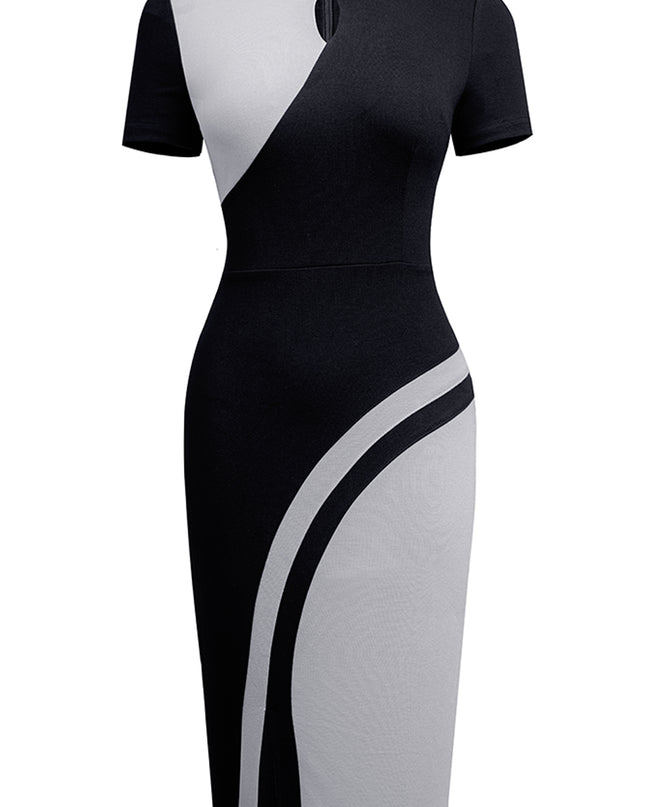 Two-Tone Round Neck Short Sleeve Slit Dress
