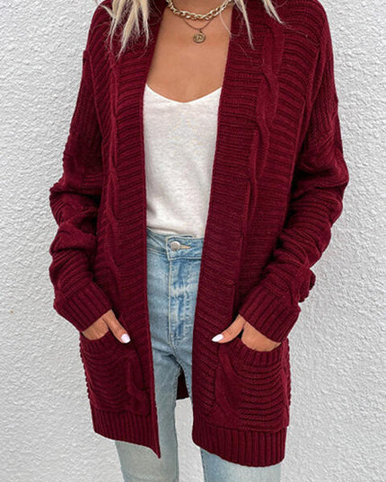 Cable-Knit Open Front Cardigan with Pockets