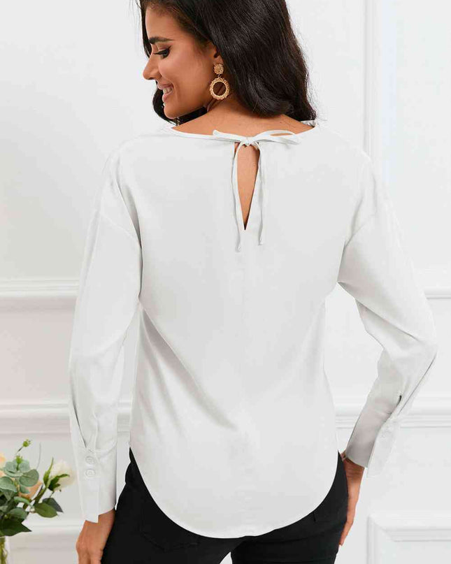 Cowl Neck Dropped Shoulder Long Sleeve Back Tie Blouse