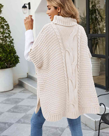 Cable-Knit Turtleneck Slit Sweater
