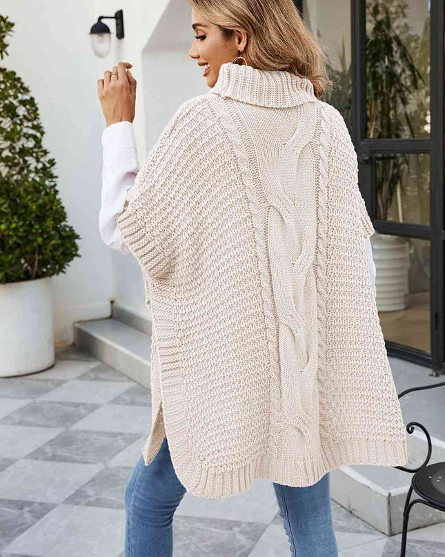 Cable-Knit Turtleneck Slit Sweater