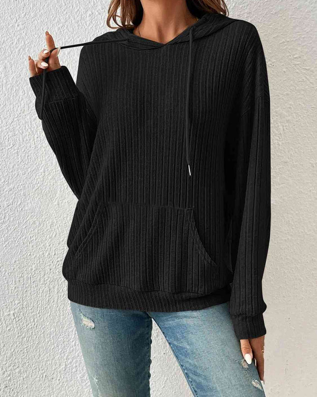 Ribbed Dropped Shoulder Drawstring Hoodie