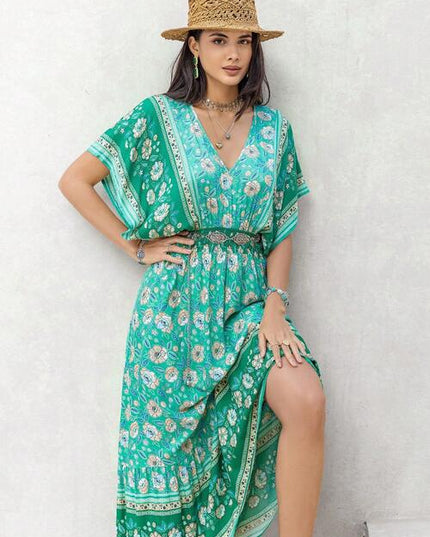 Floral V-Neck Smocked Short Sleeve Dress