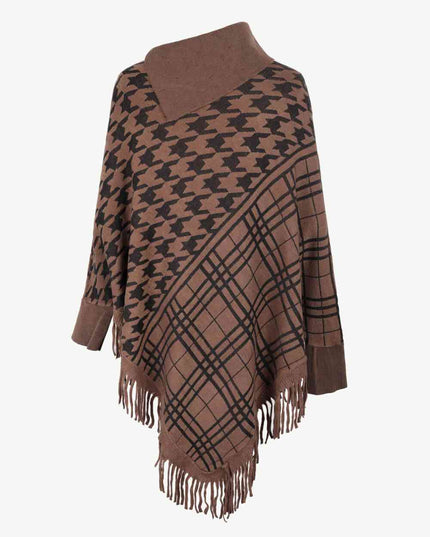 Houndstooth Turtleneck Fringe Hem Poncho