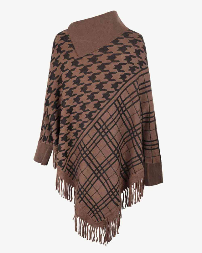 Houndstooth Turtleneck Fringe Hem Poncho