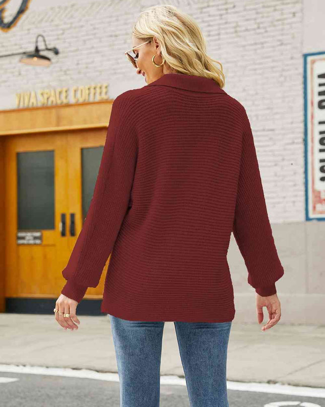Double Take Horizontal Ribbing Johnny Collar Sweater