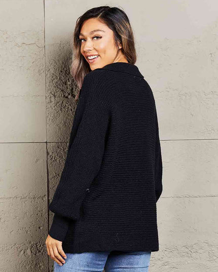 Double Take Horizontal Ribbing Johnny Collar Sweater