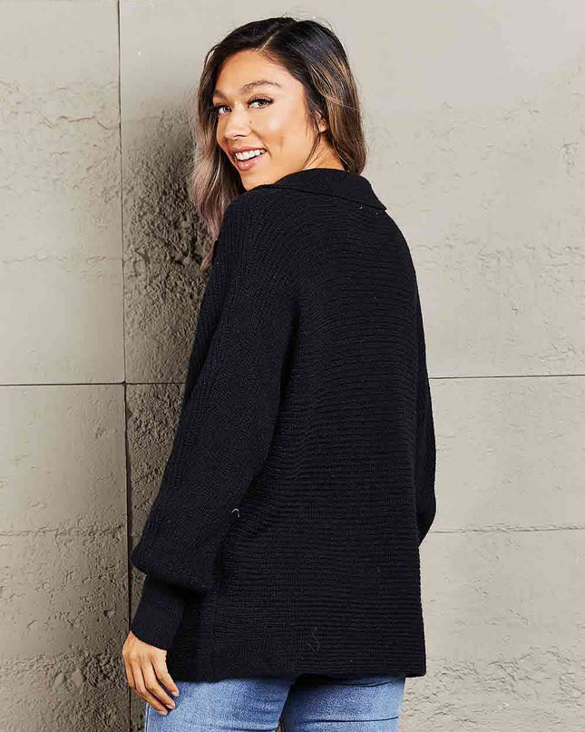 Double Take Horizontal Ribbing Johnny Collar Sweater