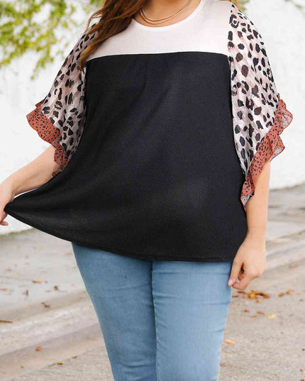Plus Size Printed Color Block Ruffled Blouse