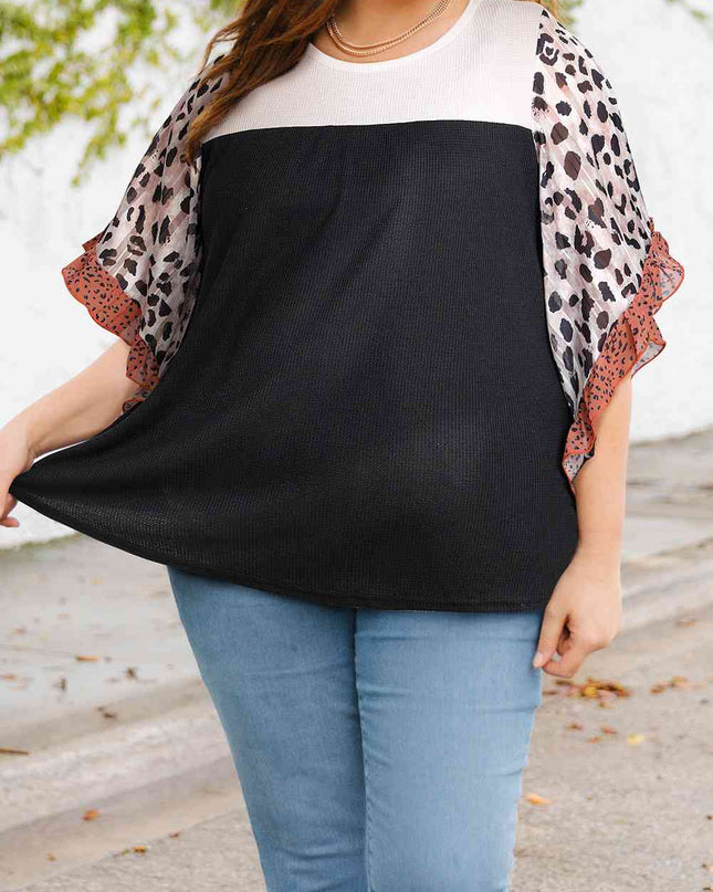 Plus Size Printed Color Block Ruffled Blouse