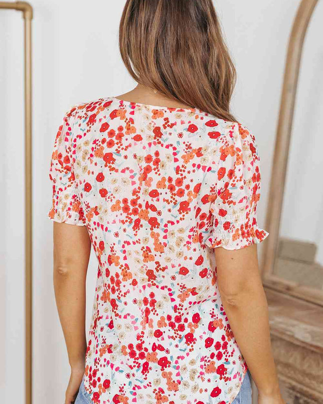 Floral Flounce Sleeve Smocked Blouse