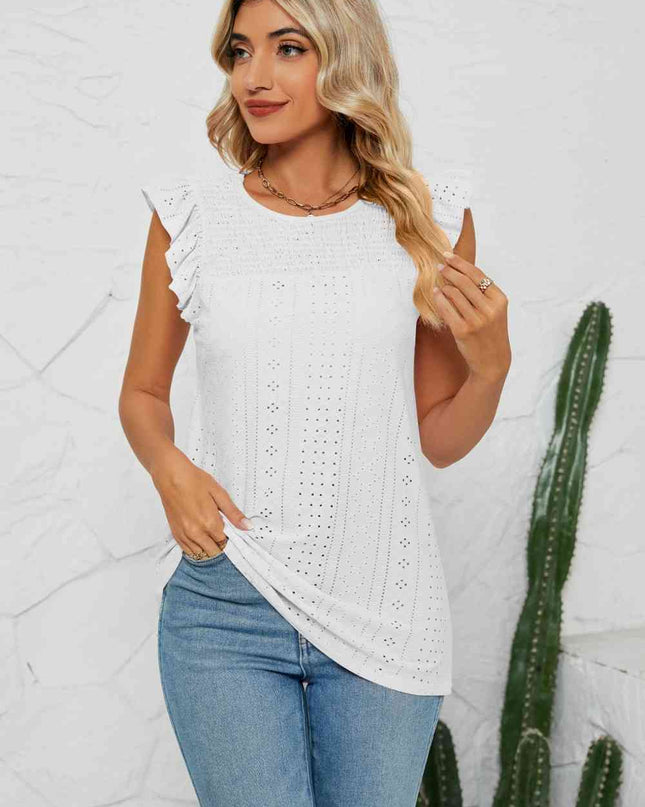 Smocked Round Neck Eyelet Top