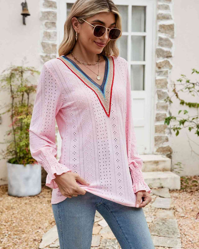 Eyelet Flounce Sleeve V-Neck Blouse
