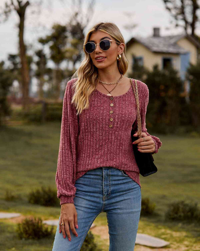 Round Neck Button-Down Long Sleeve Tee