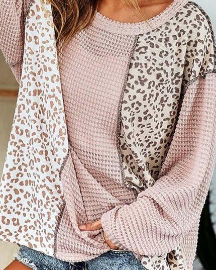 Leopard Exposed Seam Long Sleeve Blouse