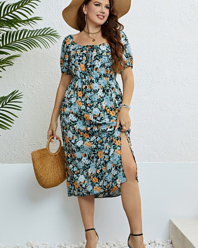 Plus Size Floral Short Sleeve Slit Dress