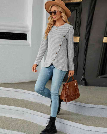 Round Neck Ribbed Button Detail Blouse