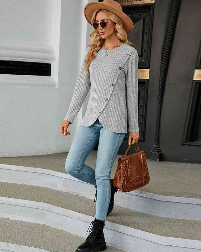 Round Neck Ribbed Button Detail Blouse