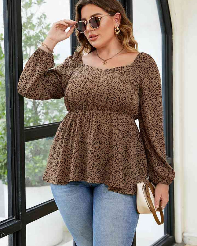 Plus Size Leopard Square Neck Long Sleeve Blouse