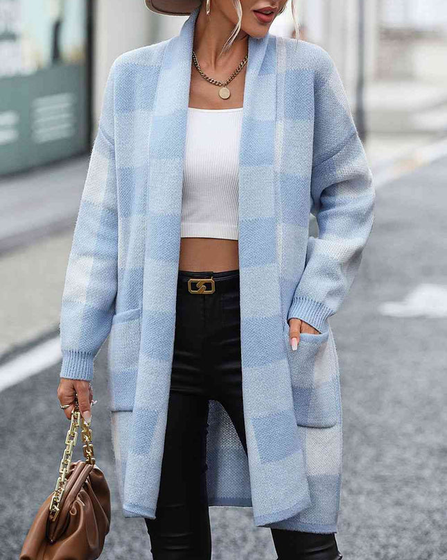 Plaid Dropped Shoulder Cardigan with Pocket